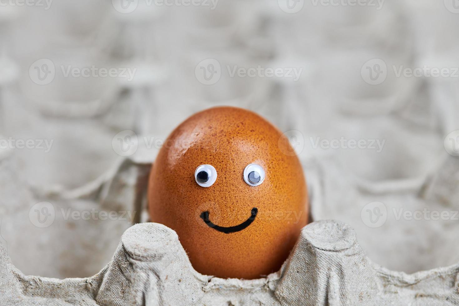 divertida cara de huevo de gallina de Pascua en bandeja de huevos de papel foto