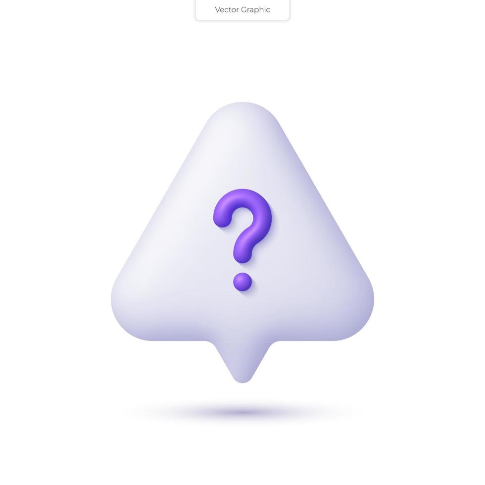 3D realistic triangular speech bubble icon with question mark. FAQ, support, help concept. 3D vector render illustration.