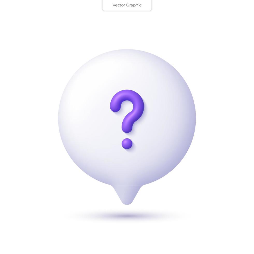 3D realistic round speech bubble icon with question mark. FAQ, support, help concept. 3D vector render illustration.