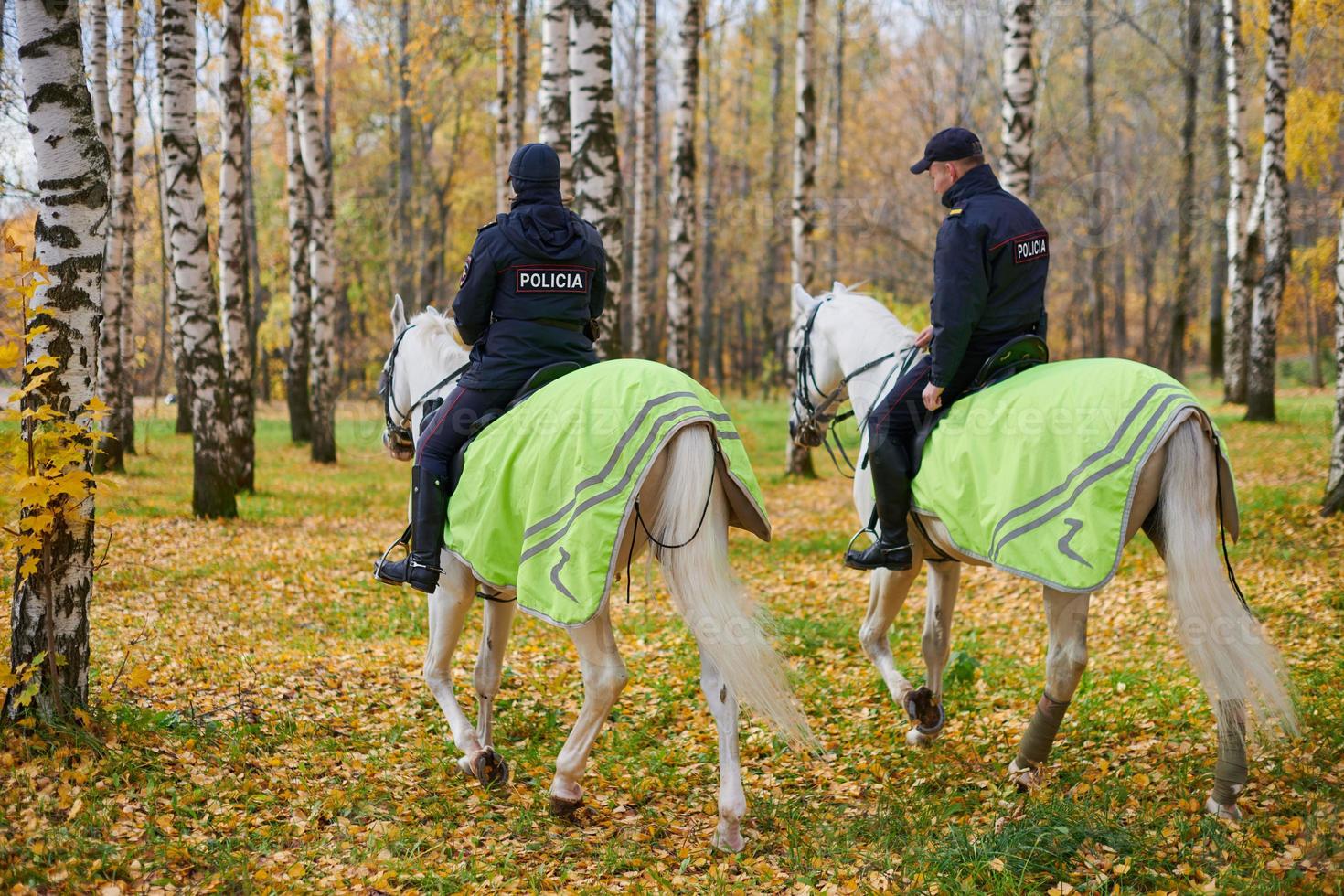 Mounted police in autumn city park, back view photo
