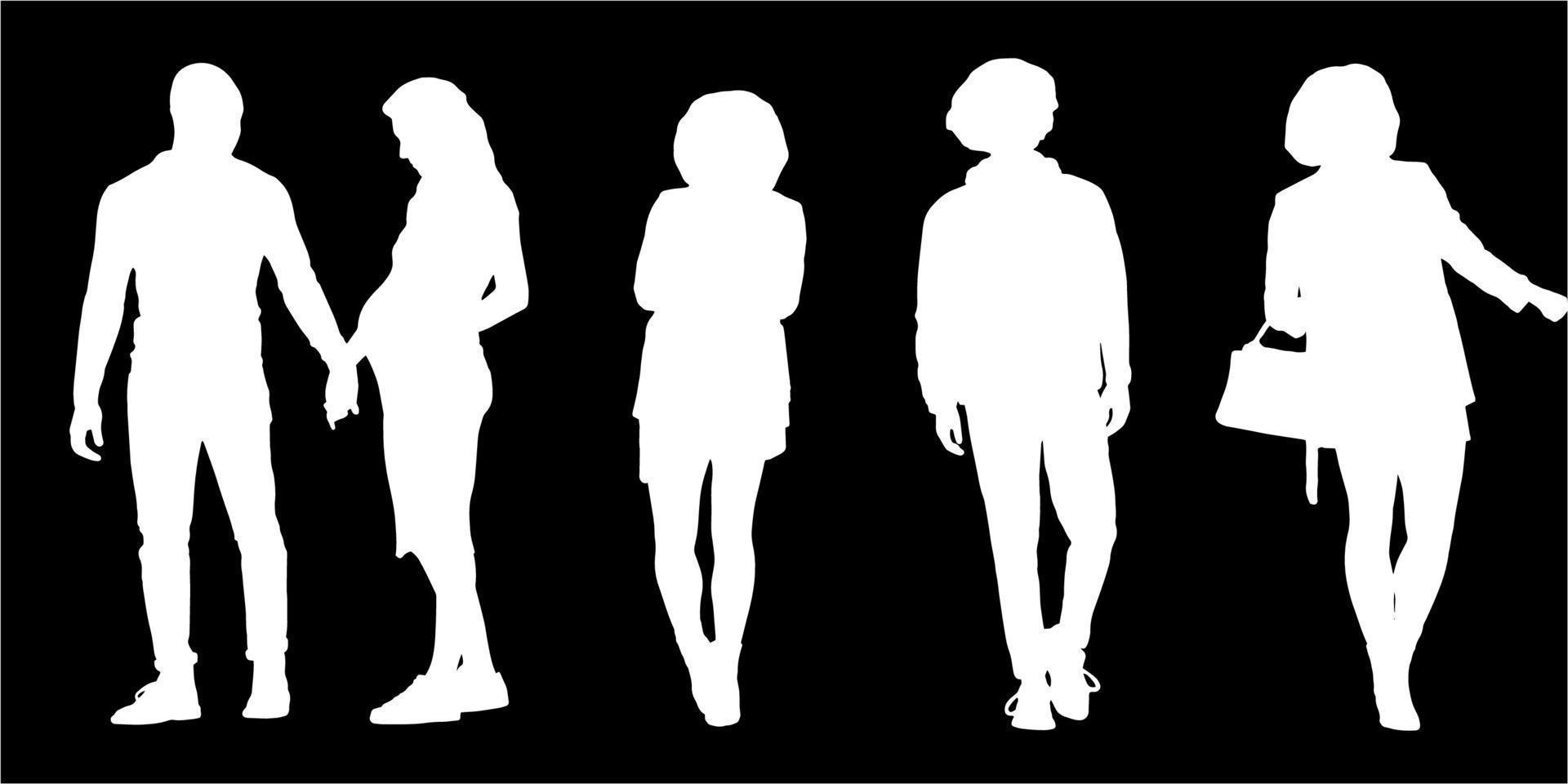 conjunto de siluetas de hombres y un mujer, un grupo de en pie personas blanco color aislado en negro antecedentes vector