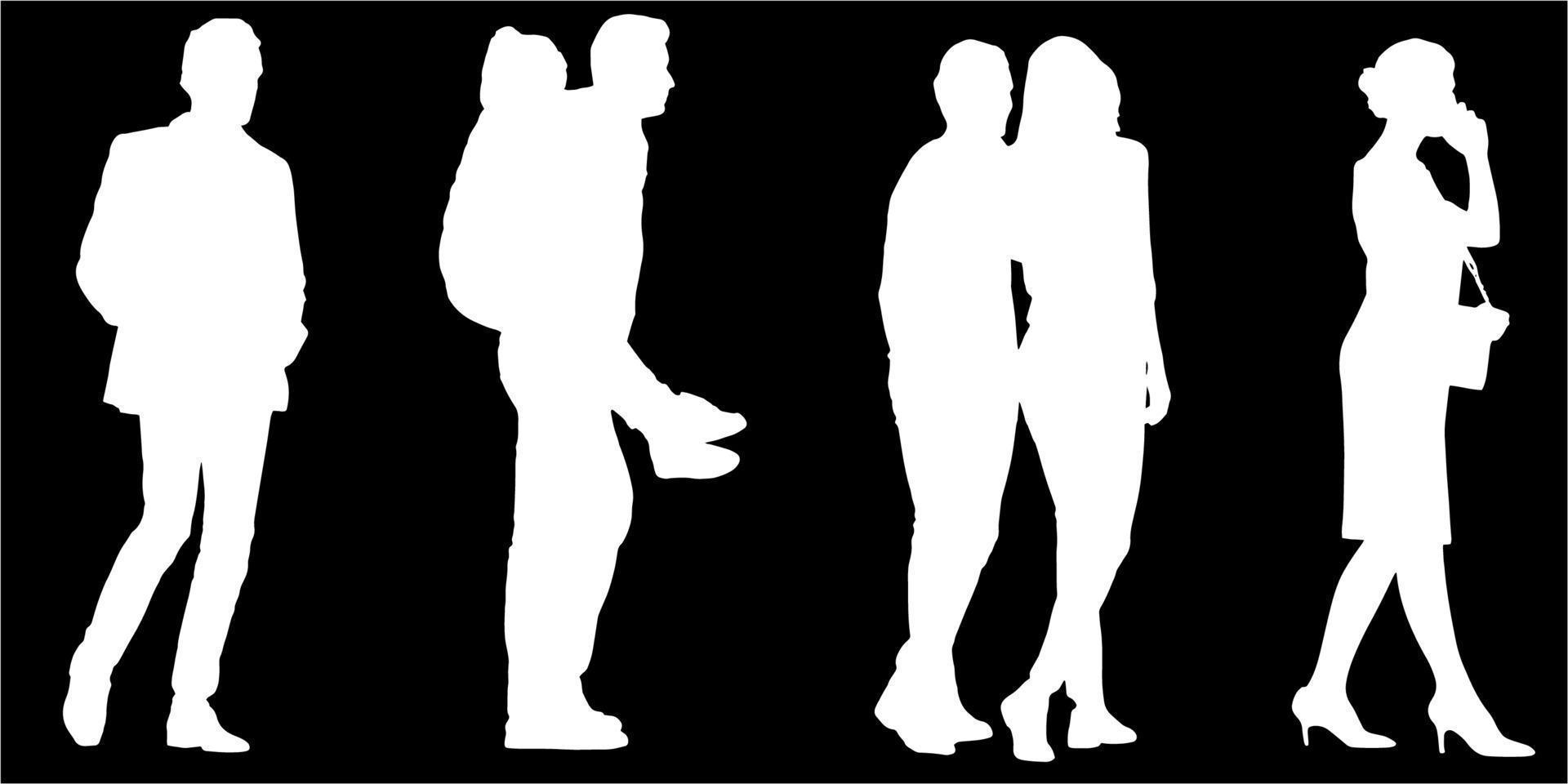 conjunto de siluetas de hombres y un mujer, un grupo de en pie personas blanco color aislado en negro antecedentes vector