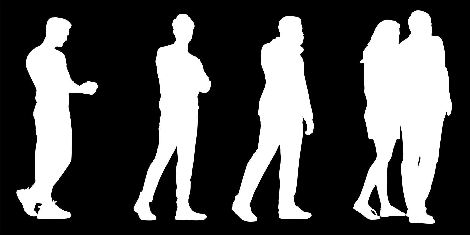 Set of silhouettes of men and a women, a group of standing   people white color isolated on black background vector