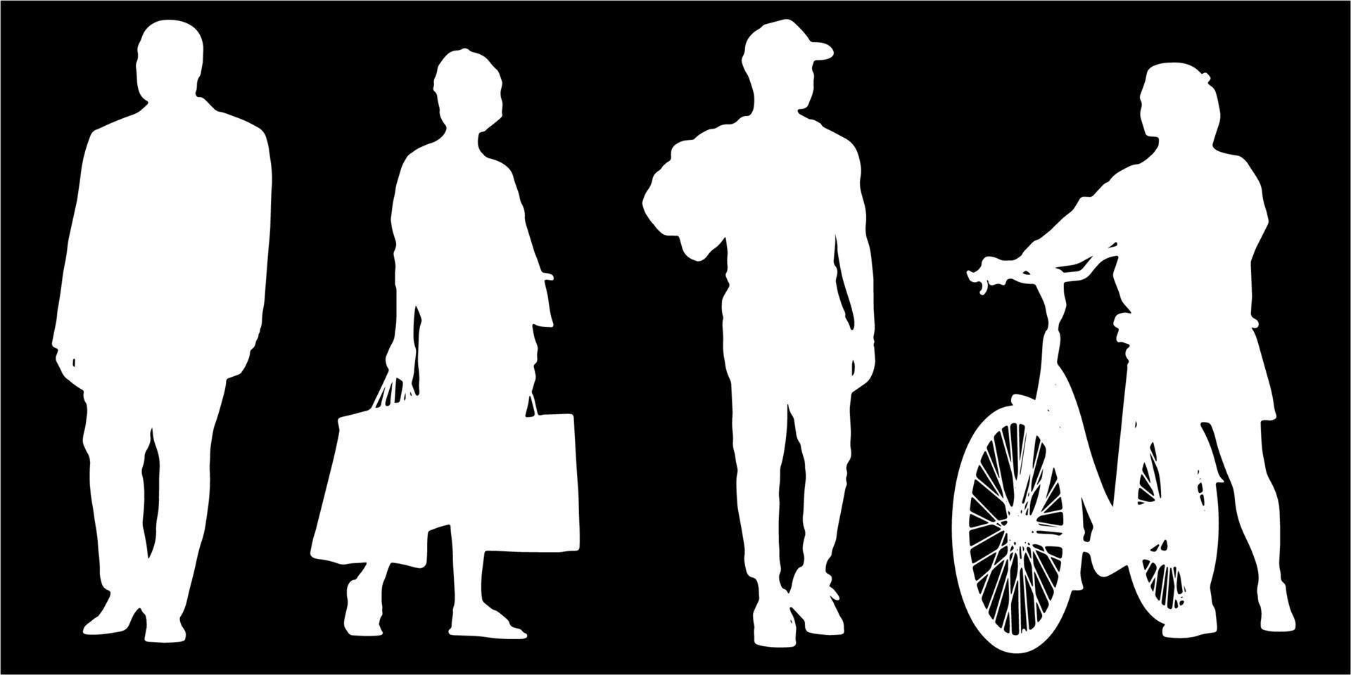 Set of silhouettes of men and a women, a group of standing   people white color isolated on black background vector