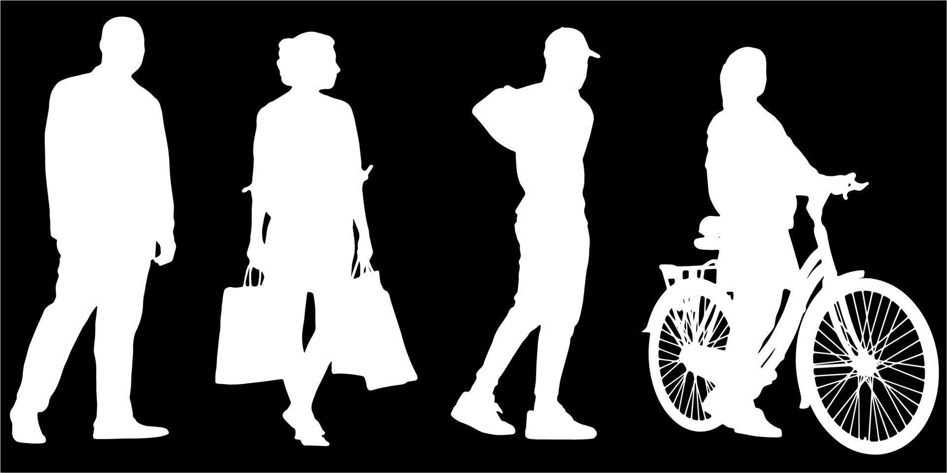 Set of silhouettes of men and a women, a group of standing   people white color isolated on black background vector