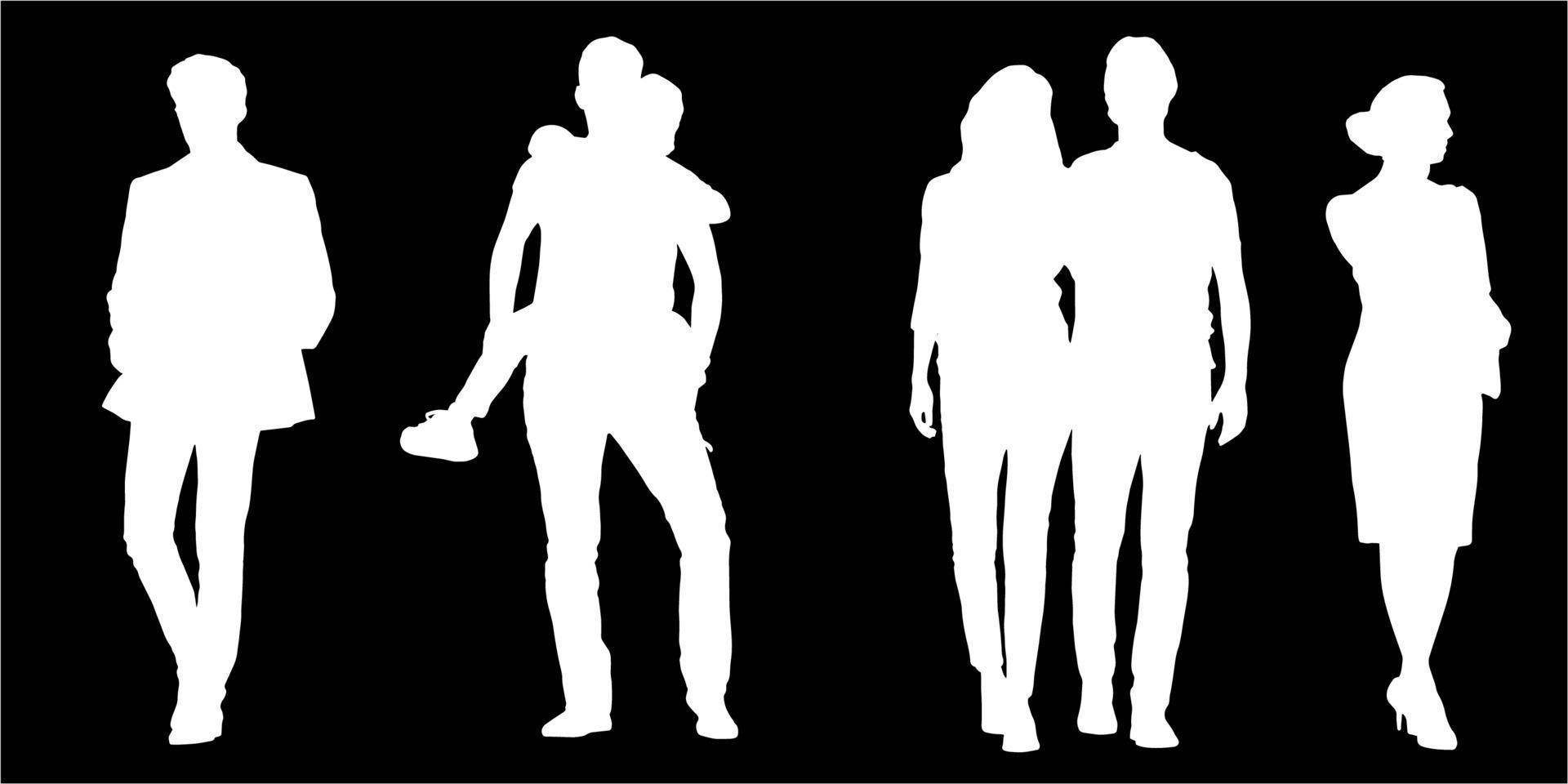 Set of silhouettes of men and a women, a group of standing   people white color isolated on black background vector