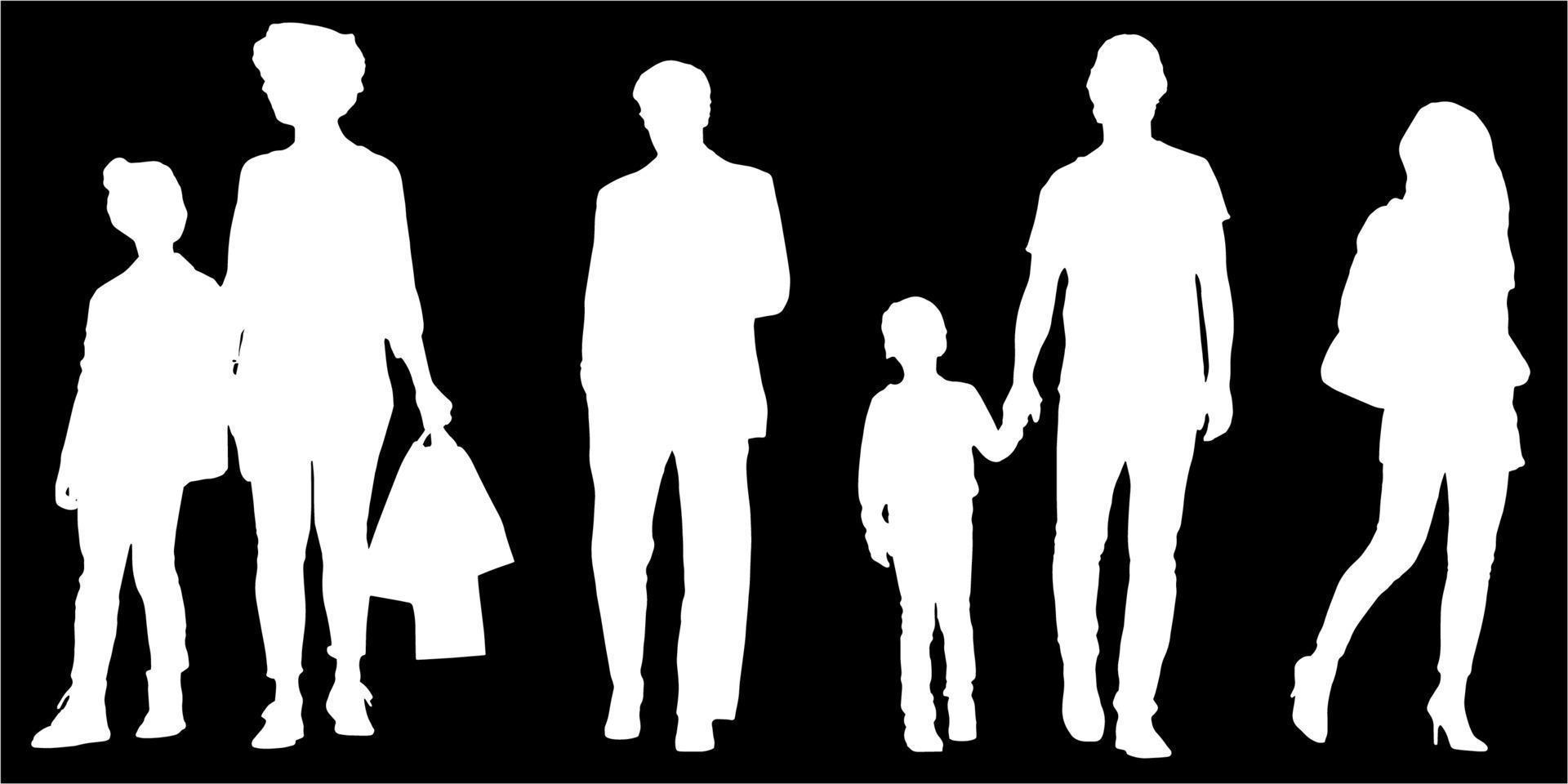 Set of silhouettes of men and a women, a group of standing   people white color isolated on black background vector