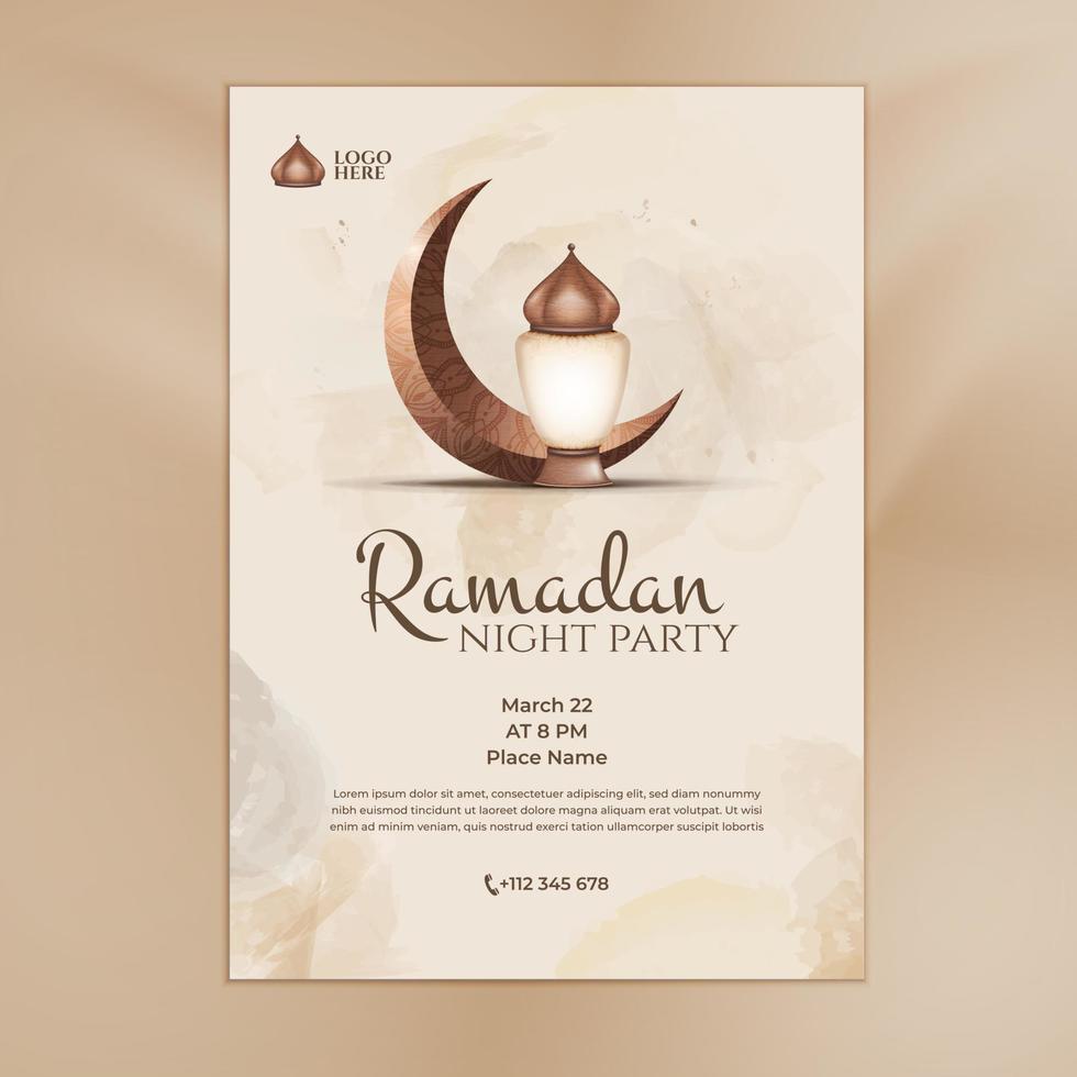 A poster for ramadan party with a crescent moon and podium vector