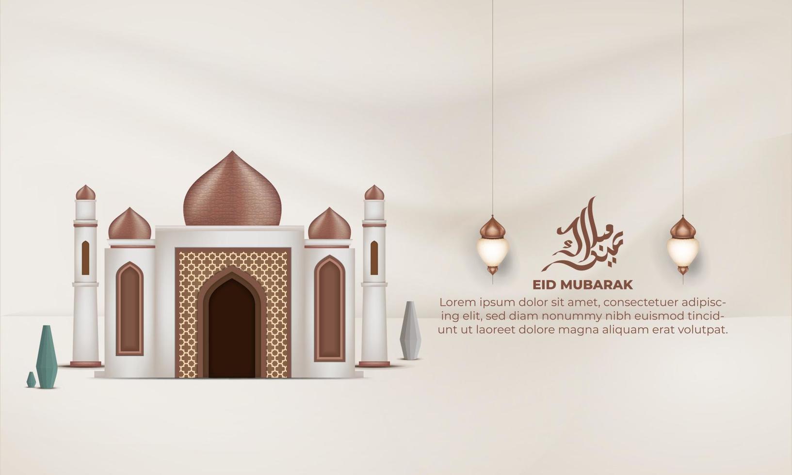 realista eid Mubarak antecedentes con ,linterna, mezquita, para bandera, saludo tarjeta vector