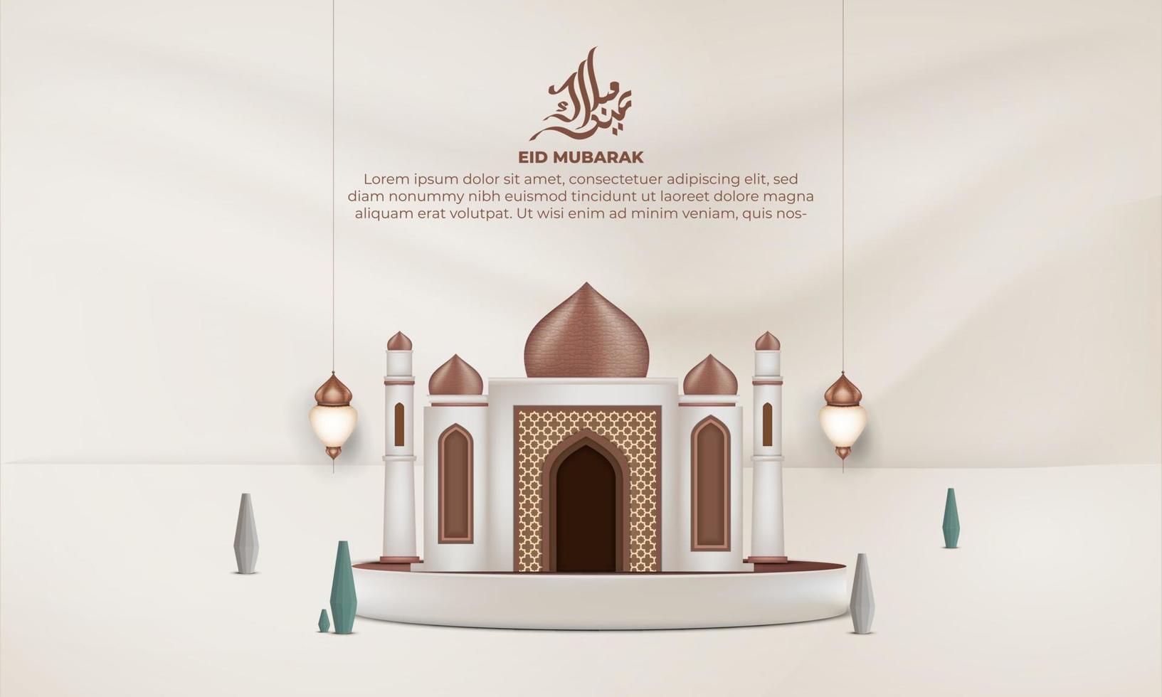 Realistic eid mubarak background with ,lantern, mosque, for banner, greeting card vector