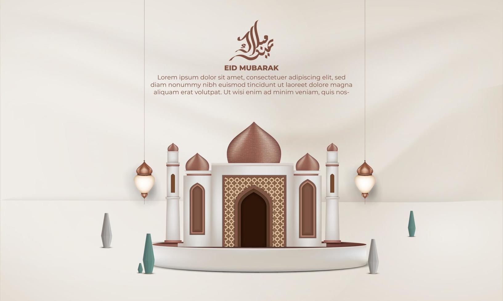 Realistic eid mubarak background with ,lantern, mosque, for banner, greeting card vector