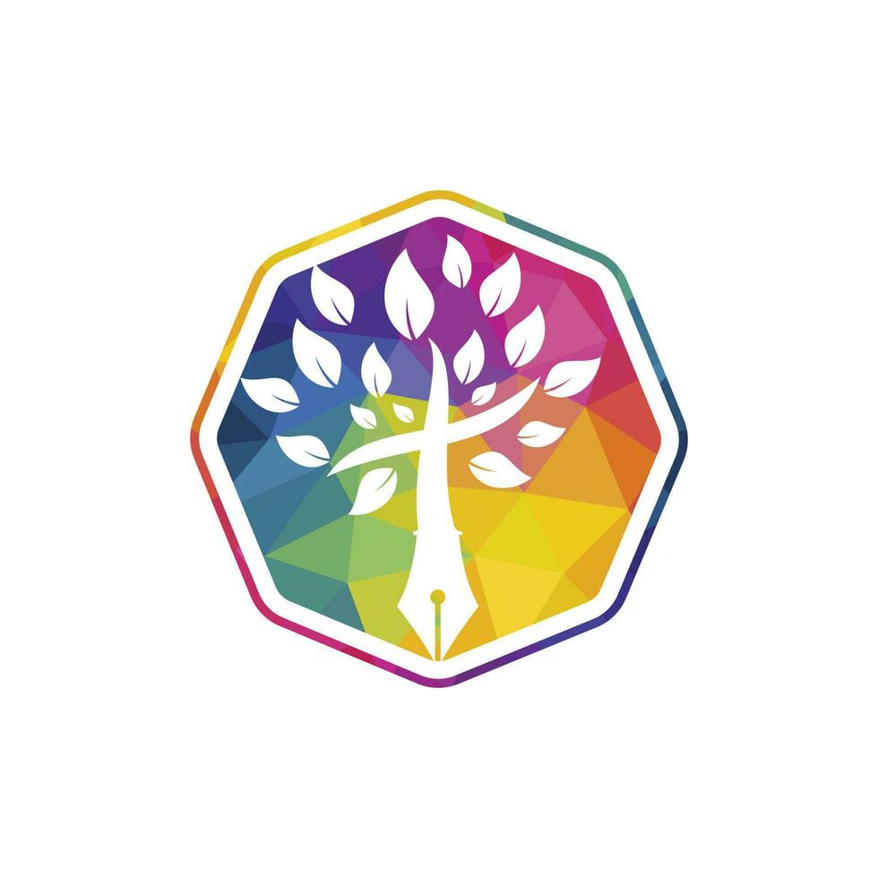 Tree pen and cross vector logo design template. Bible learning and teaching class.