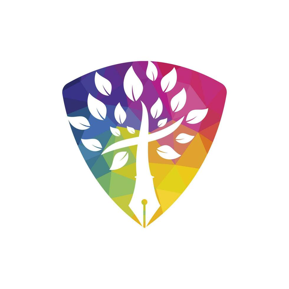 Tree pen and cross vector logo design template. Bible learning and teaching class.