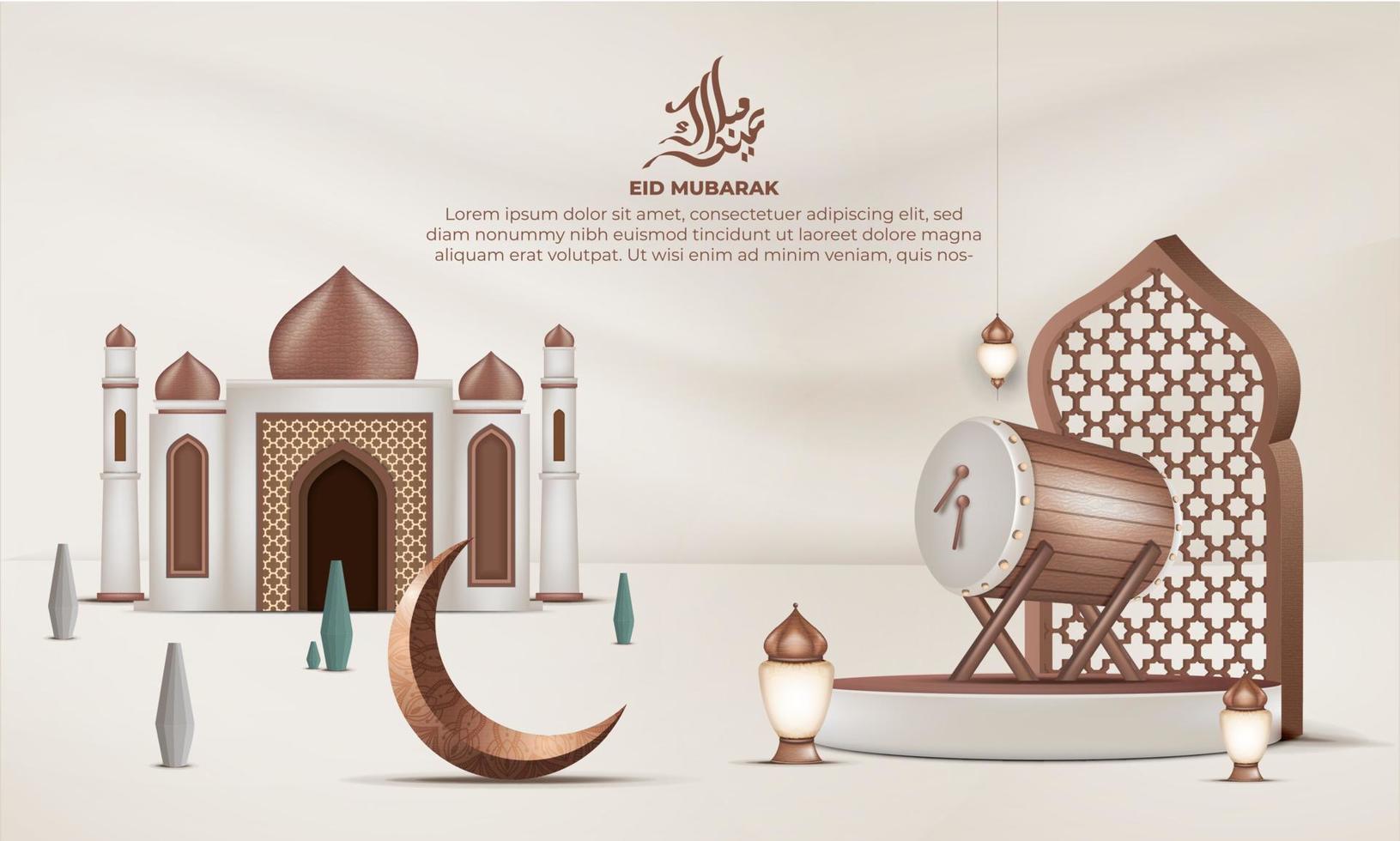 eid mubarak background with islamic drum, mosque and crescent moon vector