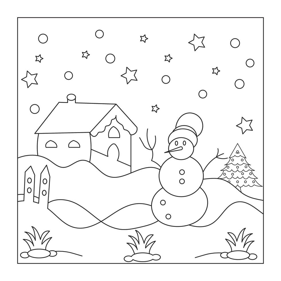 Coloring page Christmas card with snowman and house vector