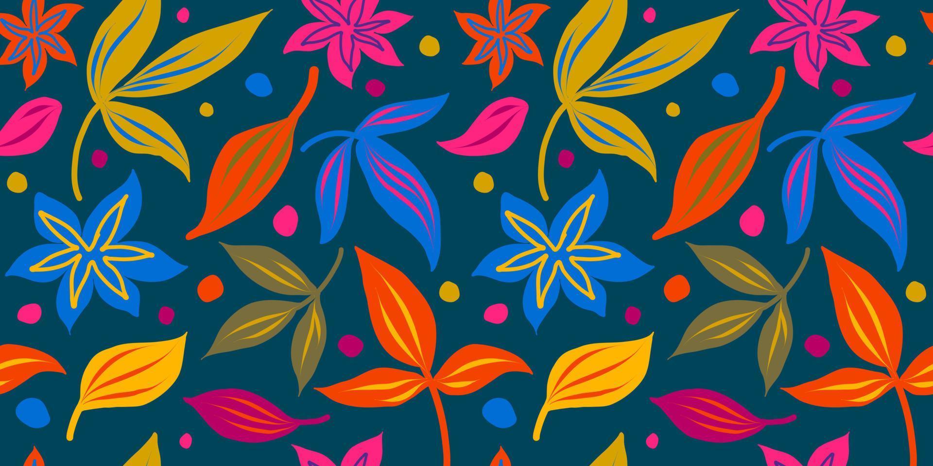 Forest foliage seamless pattern, various leaves on a dark black background. Collection of herbal prints. Creative design. Hand drawn vector illustration.