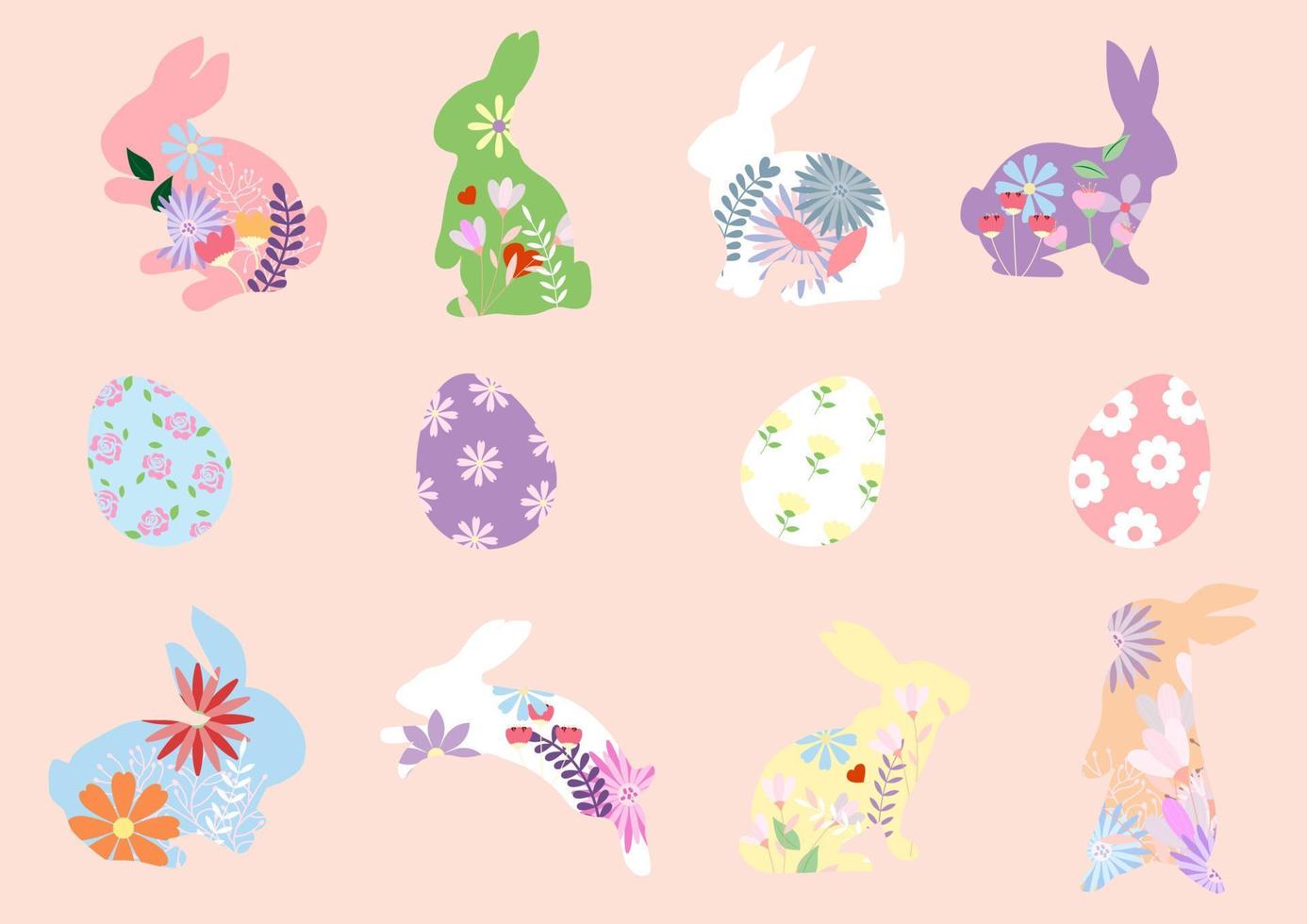 Set of decoration bunny and Easter eggs in flat style isolated on light orange background. All in vector design.