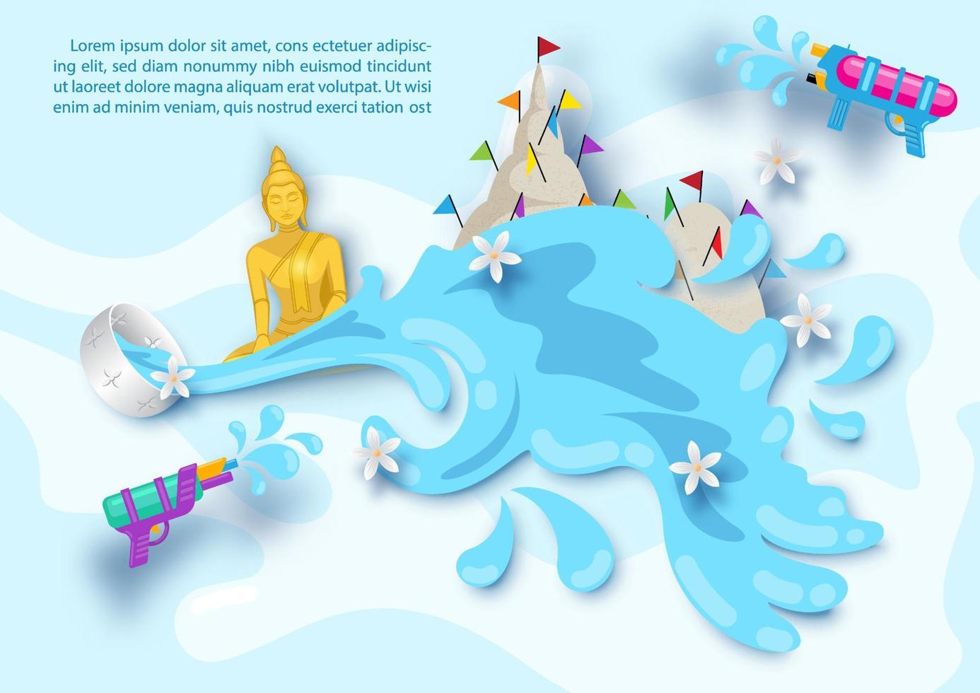 Card and poster of Thailand Songkran festival in paper cut style with example texts on blue background. vector