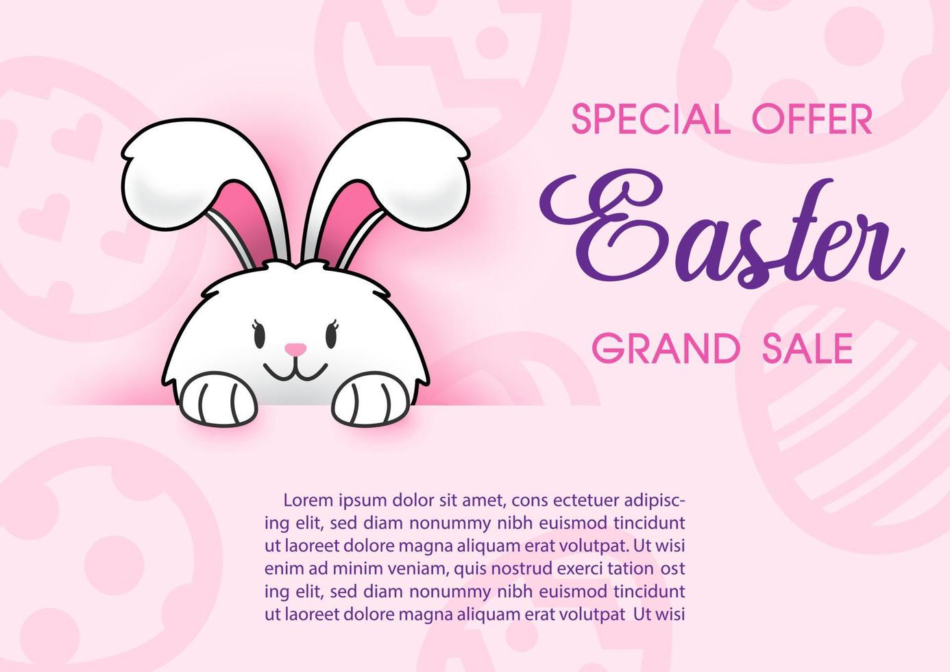 Cute bunny hide and seek with sale wording, example texts on abstract pattern and pink background. Happy Easter sale banner in vector design.