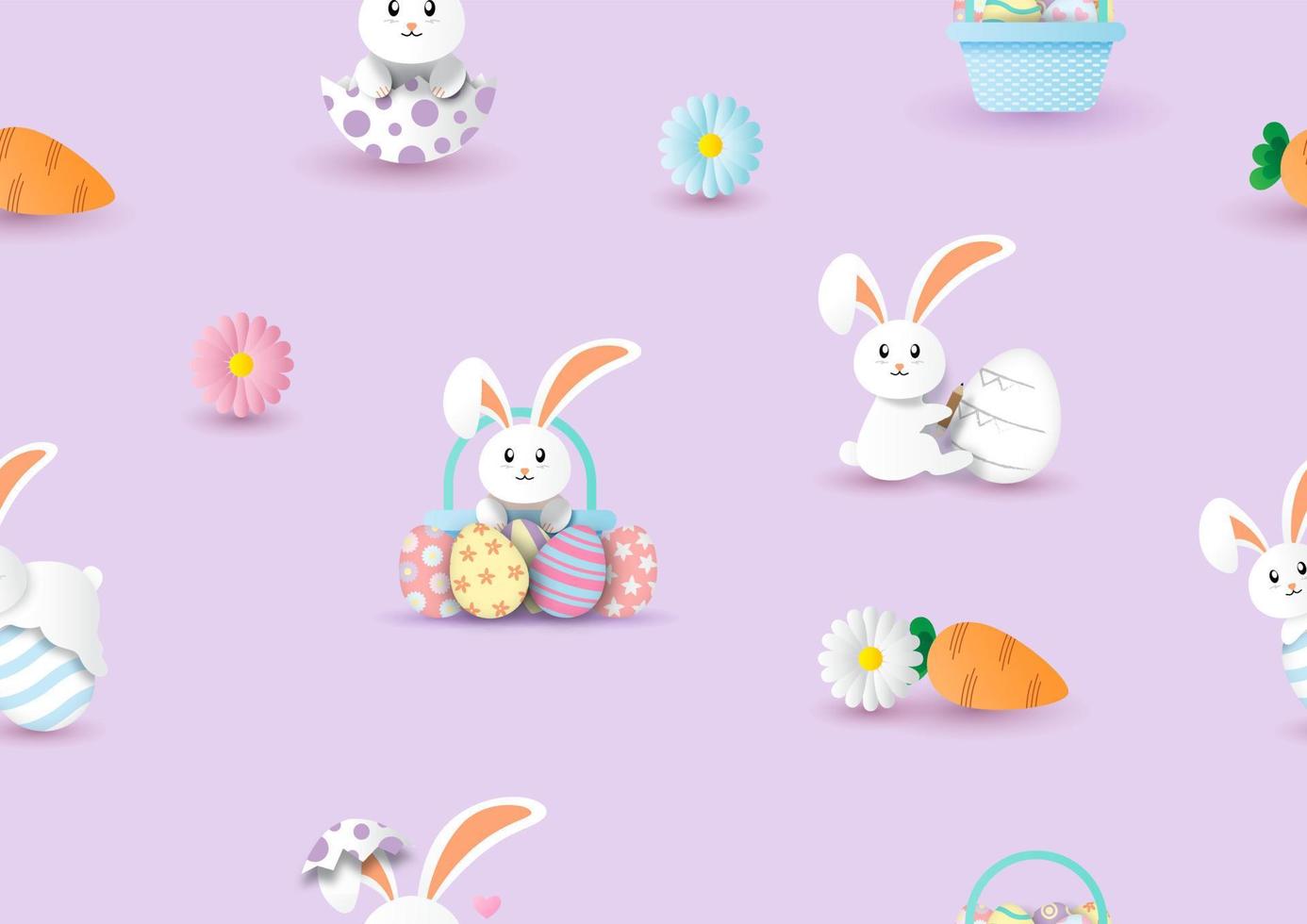 White bunny with Easter eggs and sign of Easter holiday in paper cut style wallpaper and gift wrapping isolated on violet background. vector