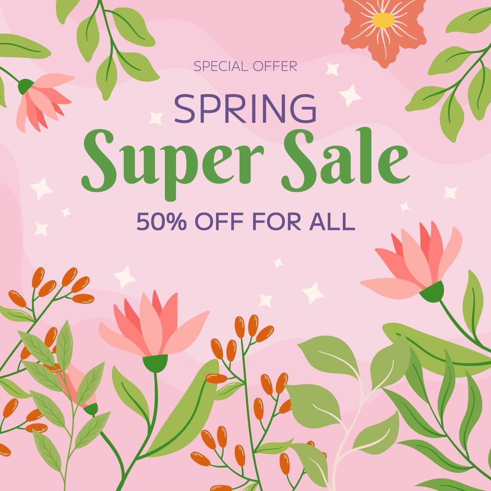 Pink flowers, green leaves berries framing, square background. Text Special Offer Spring Super Sale, seasonal promotion, discount. Warm, inviting atmosphere, evoking beauty, freshness of spring. vector