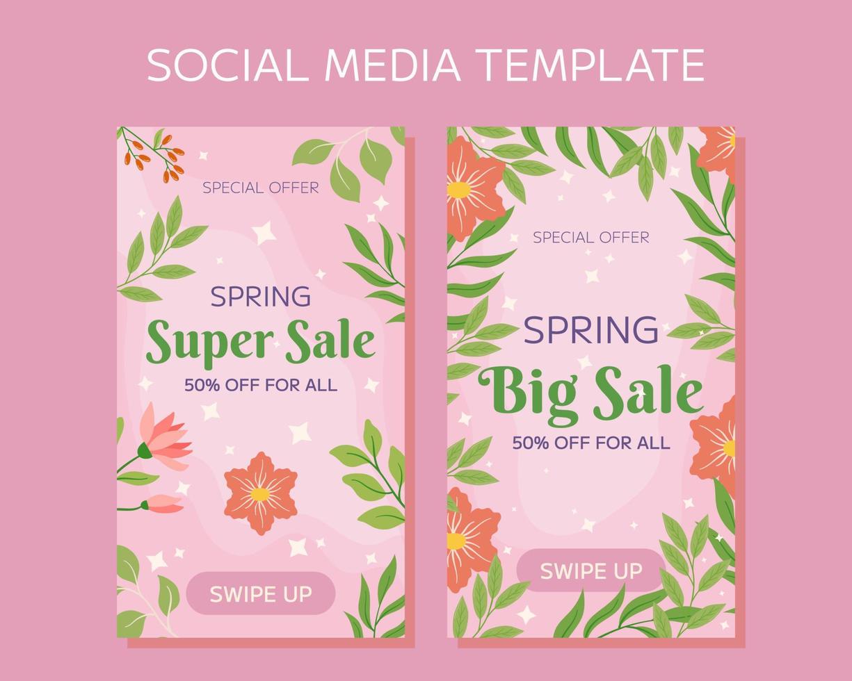 Image features beautiful pink flowers, lush green leaves, soft background with text Special Offer Spring Big Sale. Perfectly sized for social media stories, capture attention, promote seasonal sale. vector