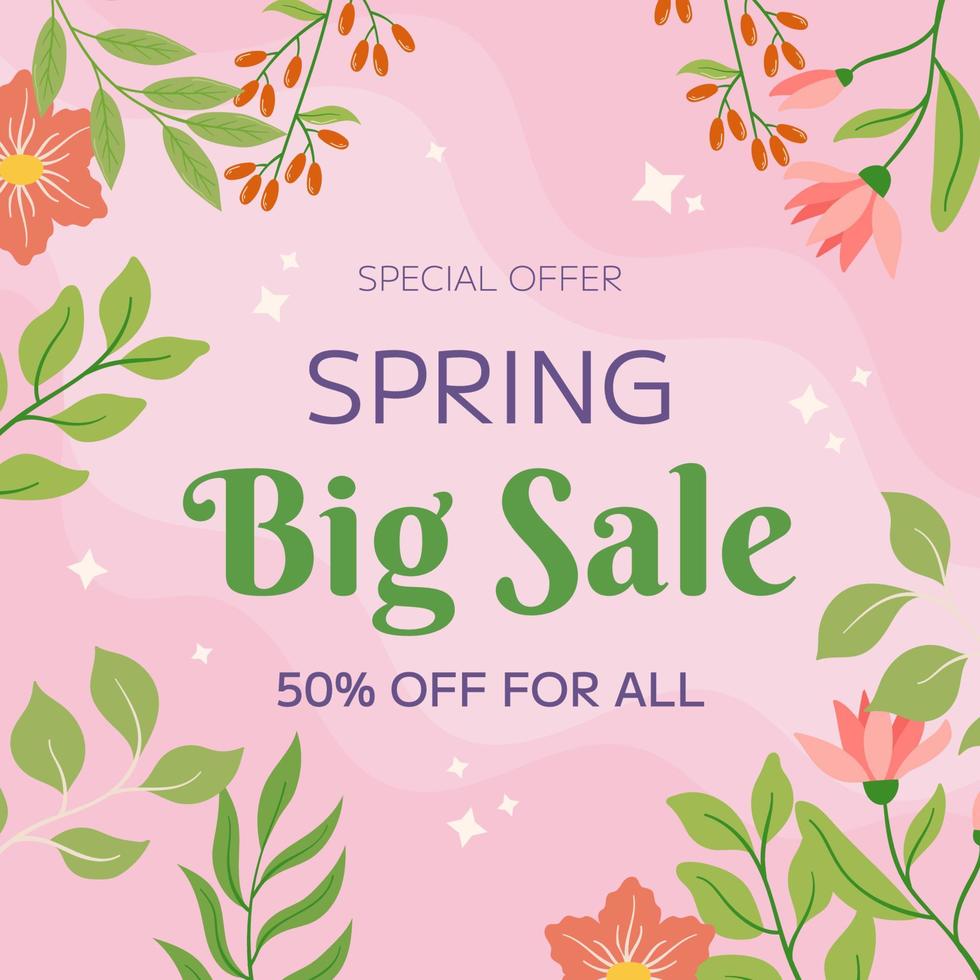 Pink flowers and green leaves framing, square background. Text Special Offer Spring Big Sale, advertising seasonal promotion, discount. Warm, inviting atmosphere, evoking beauty, freshness of spring. vector