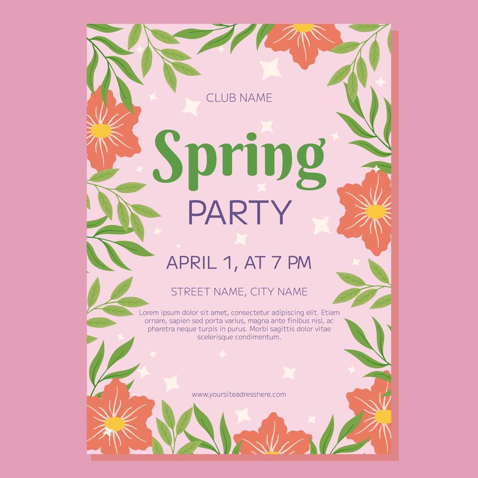 Party poster template with pink flowers and green leaves framing a pink background with text Spring Party. Perfect for promoting springtime events celebrations, catch the eye, add a touch of elegance vector