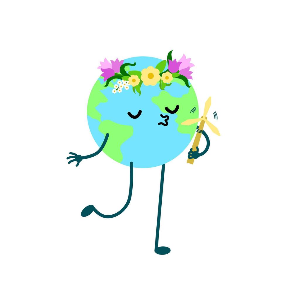 Cute earth character with windmill in hands. Beautiful flower wreath on planet. Protection earth sticker. Green energy. Smiling mascot vector