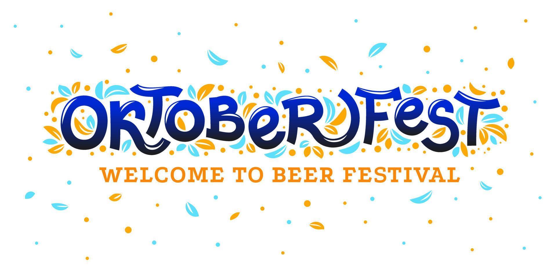 Oktoberfest vector saludo tarjeta, creativo caligráfico fuente para alemán cerveza festival con moderno remolinos y volador hojas, original de moda tipografía para Oktoberfest palabra en blanco antecedentes.