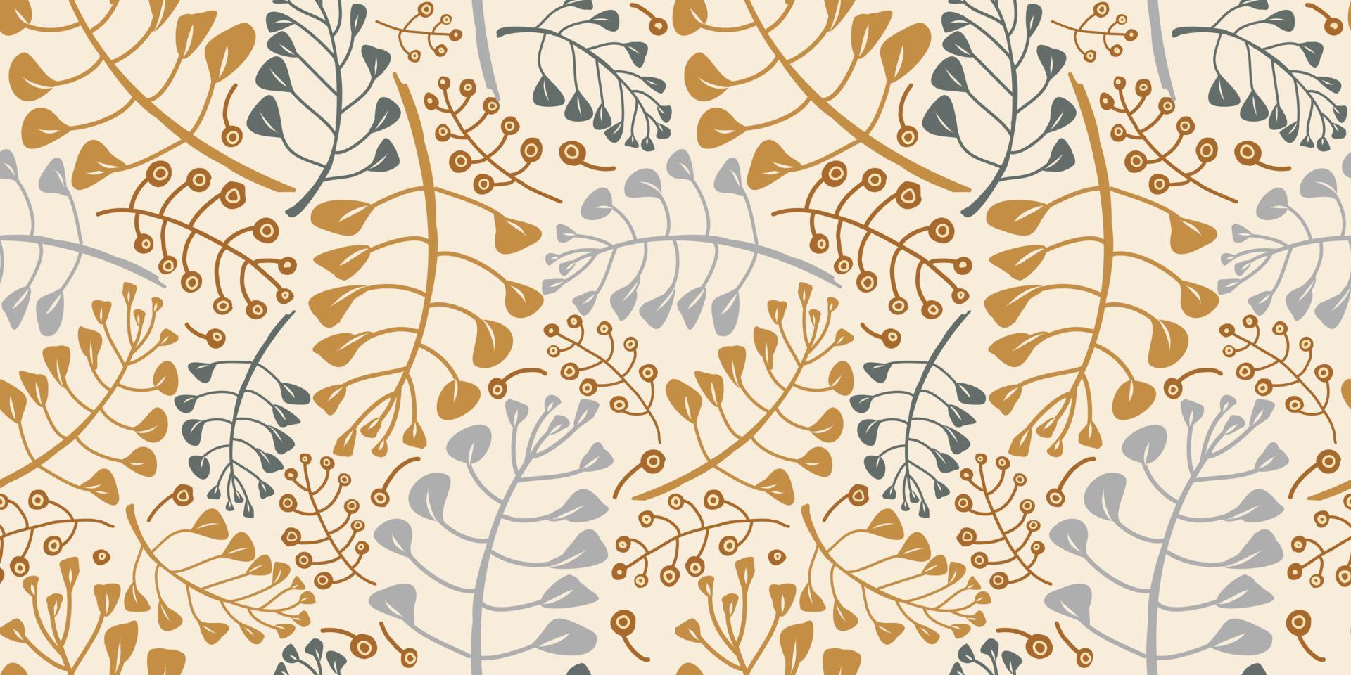 Forest flowers and foliage seamless pattern, various leaves and flowers on a light background. Collection of herbal prints. Creative design. Hand drawn vector illustration.