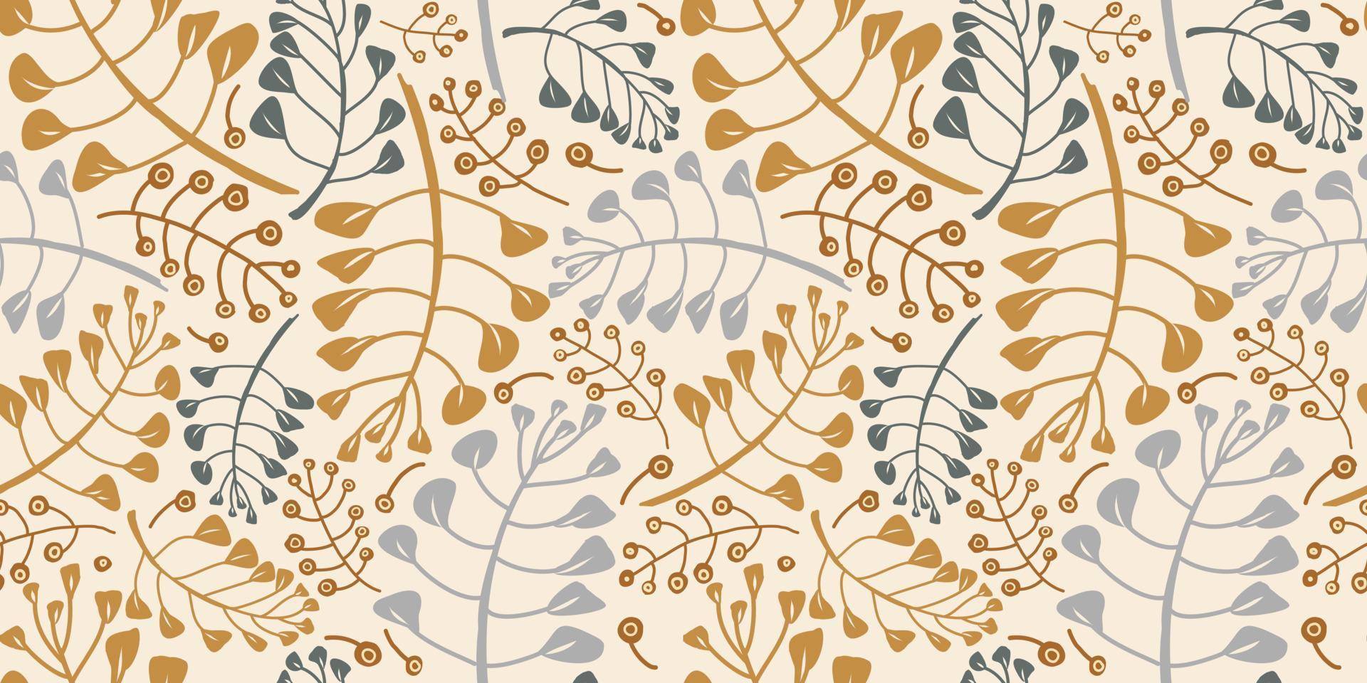 Forest flowers and foliage seamless pattern, various leaves and flowers on a light background. Collection of herbal prints. Creative design. Hand drawn vector illustration.