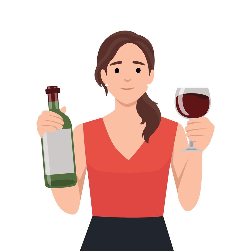 Young happy smiling woman toasting with wine glass and holding bottle of wine, asking people to join her. vector