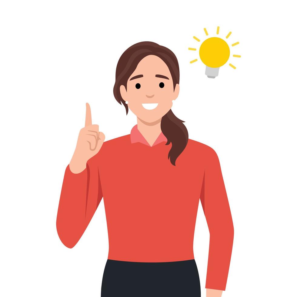 Happy business woman pointing hand up and bright light bulb appearing in the thought bubble. Idea and innovation concept vector