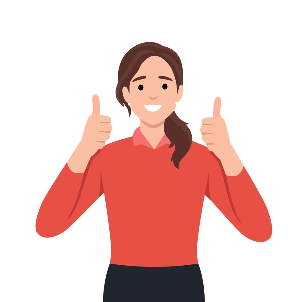 A beautiful woman shows a gesture of approval. Cool or Ok. Thumb lifted up vector