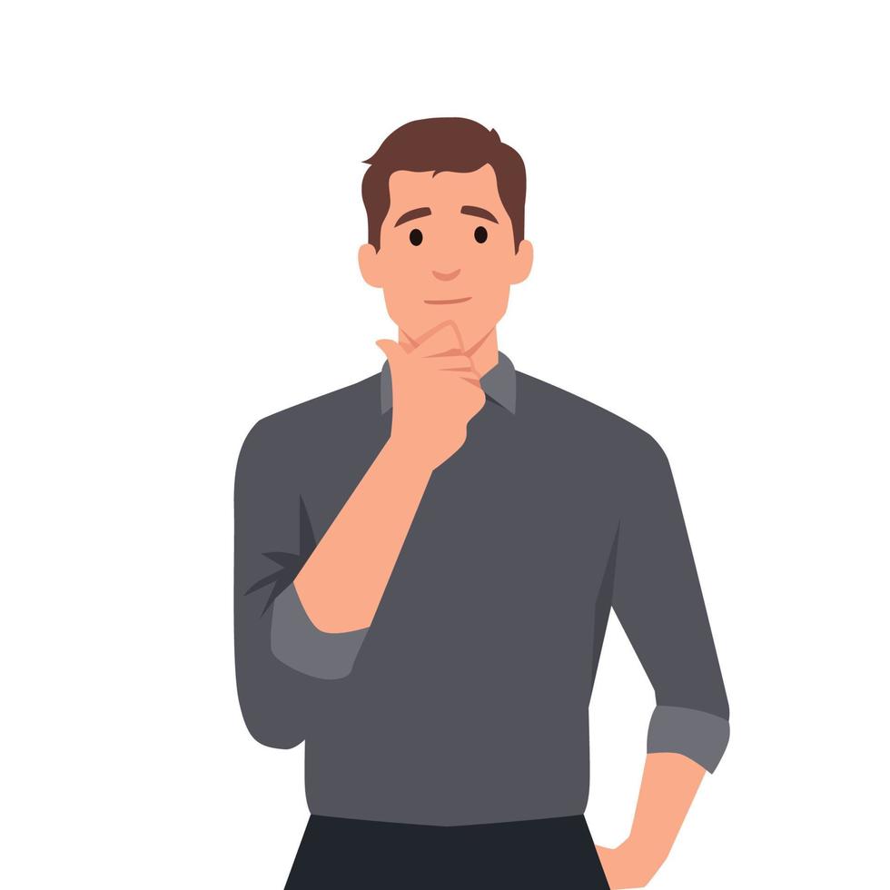 Young business man making thinking gesture. Stroking or scratching chin thoughtfully. Front view. vector