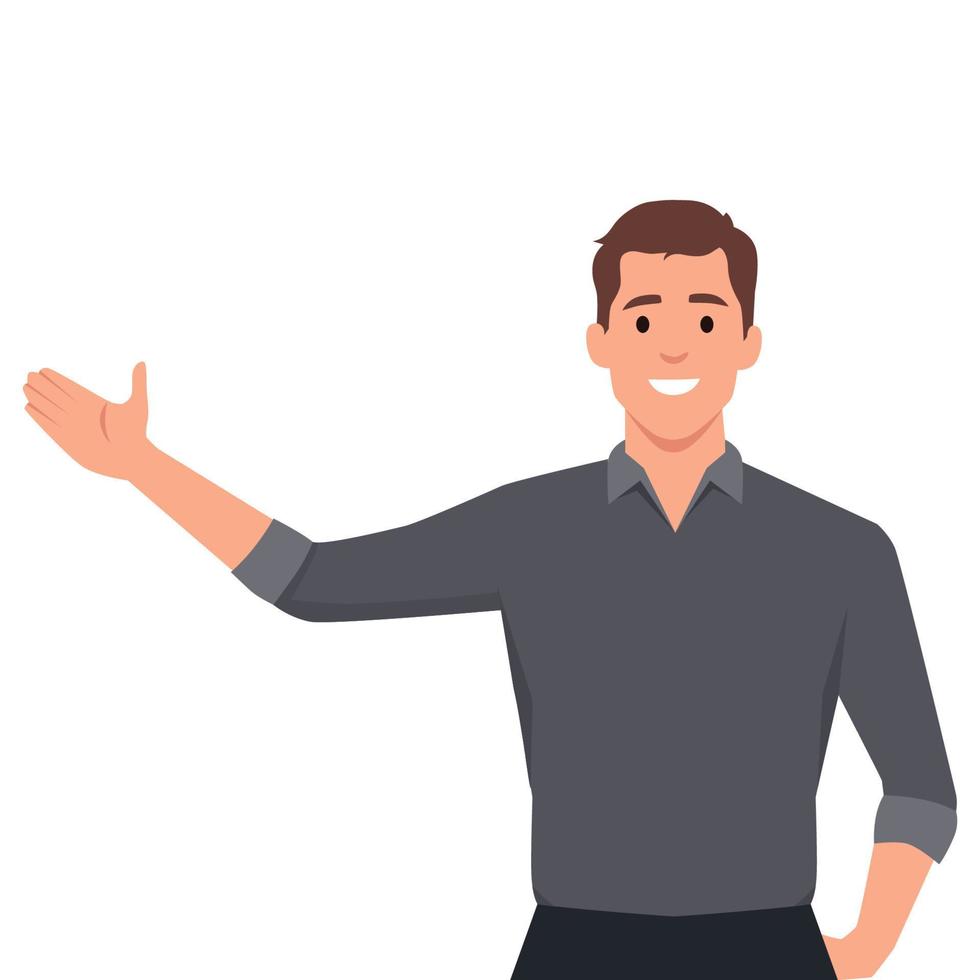 Happy man points to something. Character for advertisement. Guy shows a direction with a hand. vector