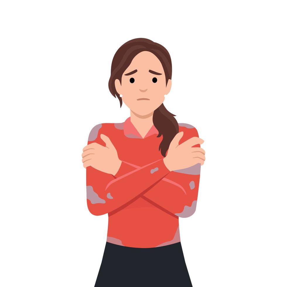 Young woman trembling feeling cold hugging herself with wet clothes. vector