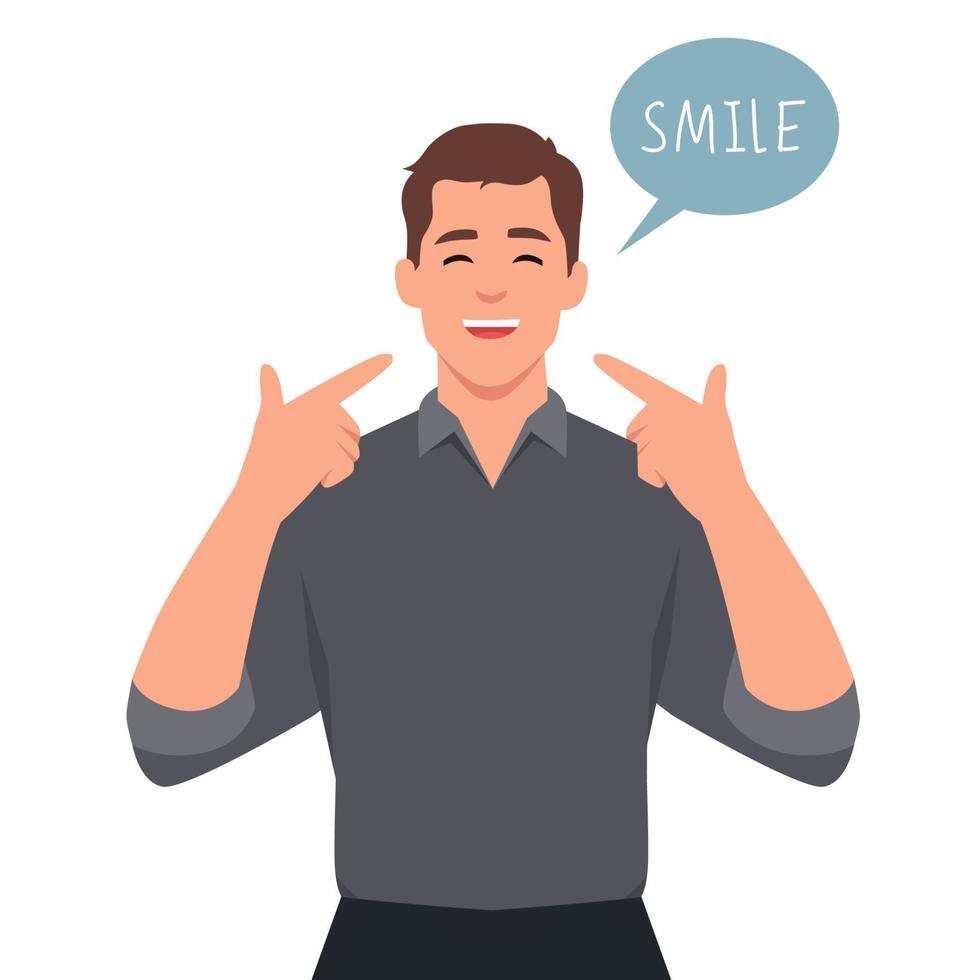 Young man cartoon character happy and giving smile using his hand pointing to his mouth and asking people to smile vector