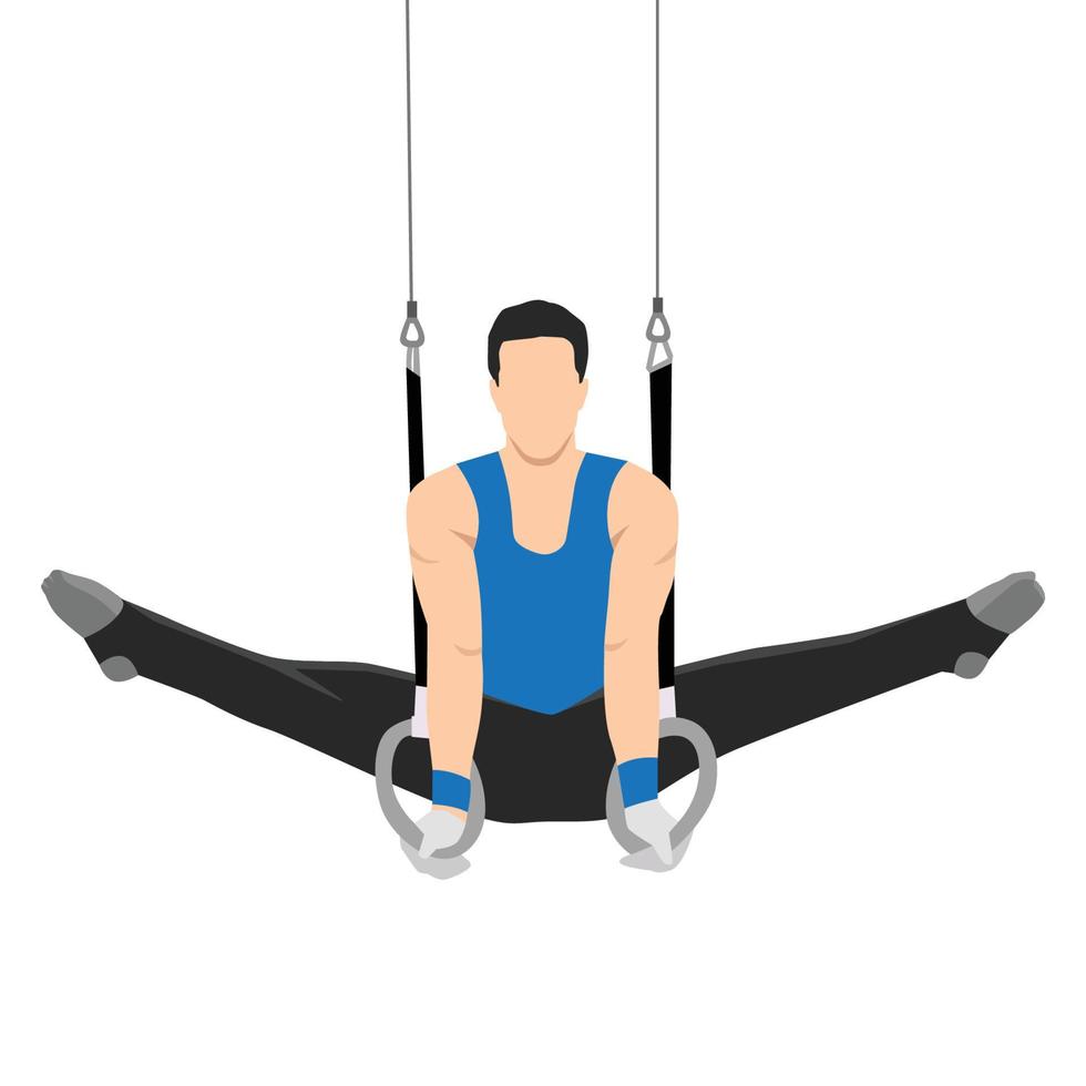 hombre gimnasia con anillos colocar. atleta en uniforme. plano vector ilustración