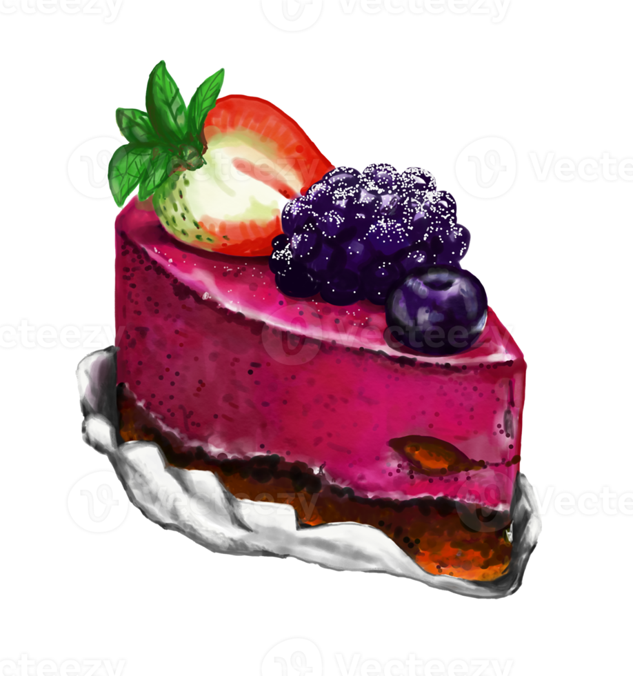 Watercolor and drawing for strawberry and Blueberry grapes cheese cake. Dessert and food art. Digital painting of bakery and cake illustration. png