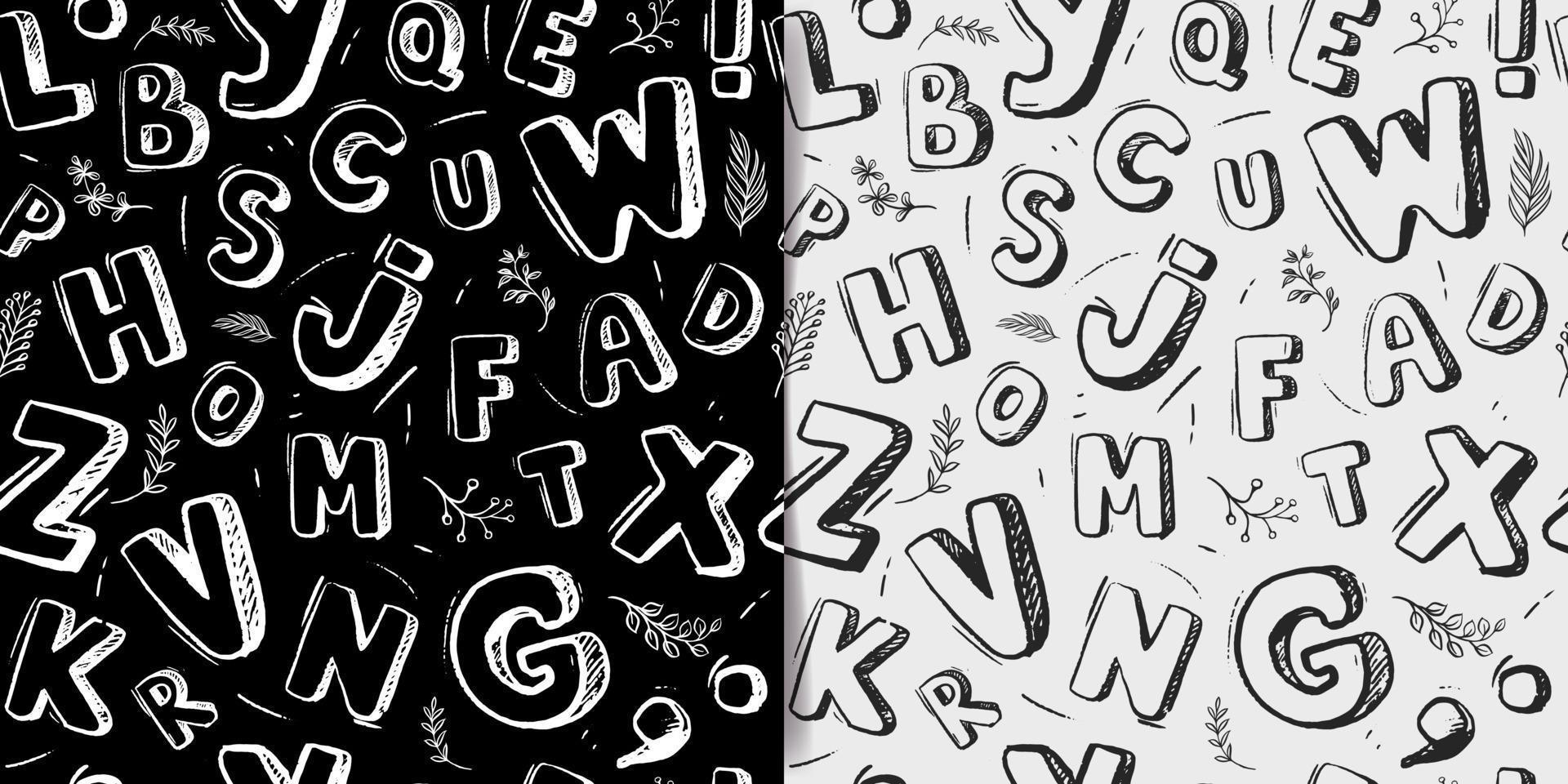 Seamless pattern with doodle grunge letters of the whole english alphabet . Black background with white hand drawn lettering. Vector isolated texture.