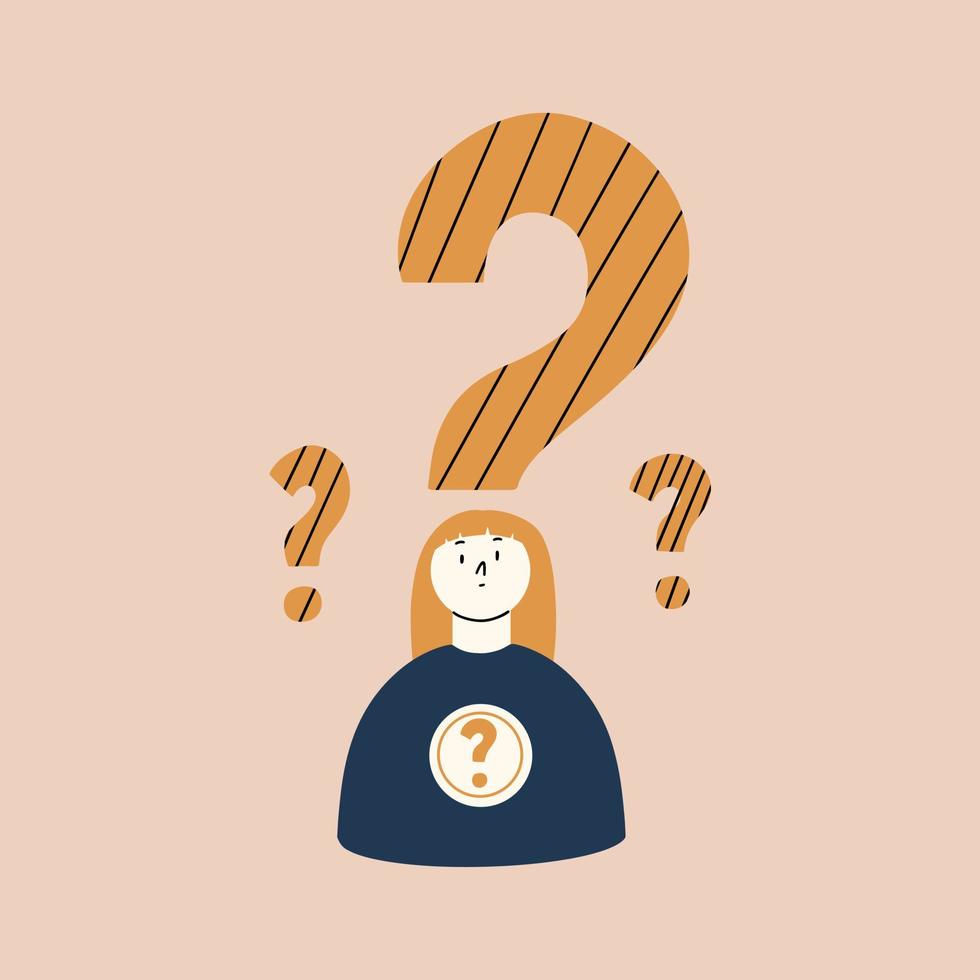 The girl is puzzled and confused and it is difficult for her to make a decision. Concept of difficult choice. Vector illustration in flat style