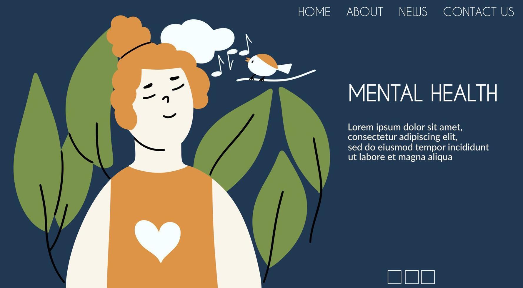 Landing page design with a woman in nature. The concept of positive mental health. Vector illustration in flat style