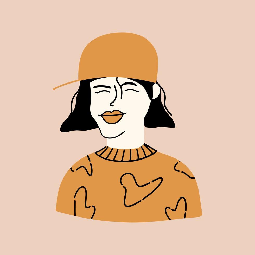 retrato de un elegante positivo niña en un gorra. vector ilustración en plano estilo