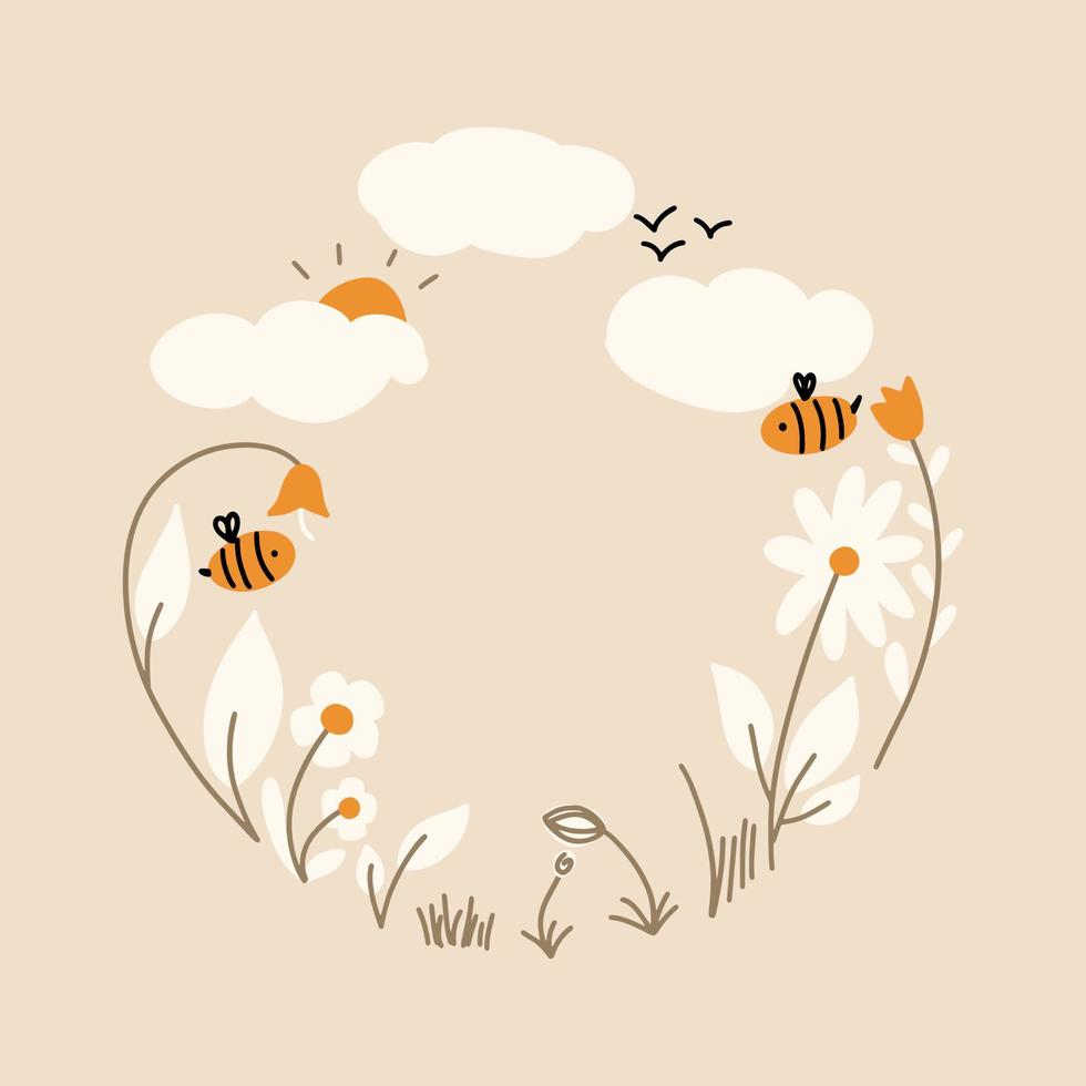 para niños circular marco con flores, naturaleza, nubes, abejas. vector ilustración en plano estilo