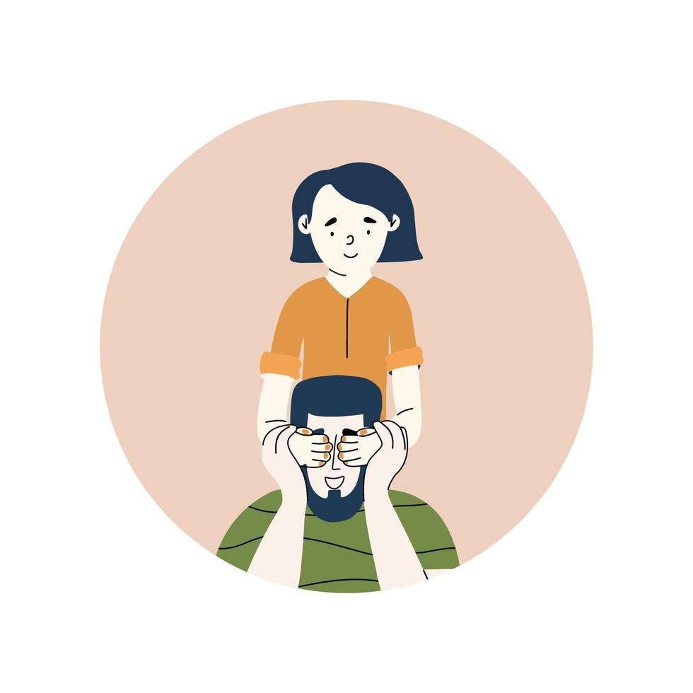 The daughter closes her father's eyes. The concept of happy fatherhood, parenthood. Vector illustration in hand drawn style
