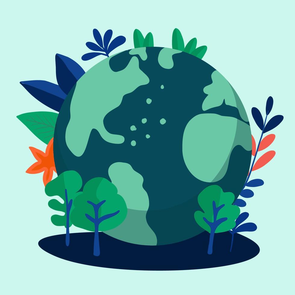 mundo ambiente día. sostenible mundo. sostenible estilo de vida y clima cambio problema concepto. tierra globo con hojas, arboles y flores concepto diseño para bandera, póster, saludo tarjeta. vector