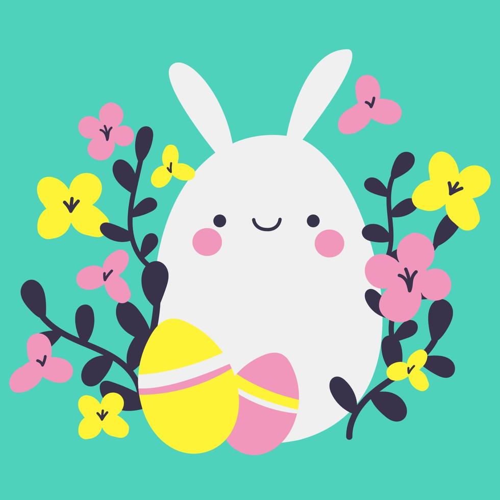 Cute Easter bunny with Easter eggs and flowers vector illustration for poster, social banner or greetings card. Happy Easter celebration.