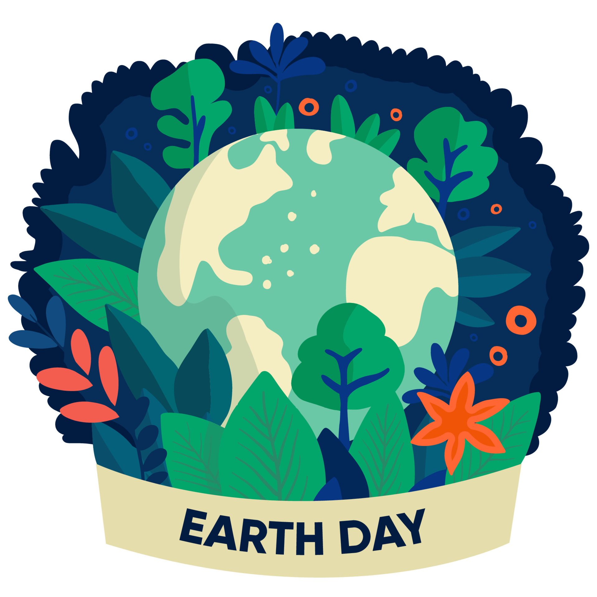 tierra día ilustración. tierra globo con hojas, arboles y flores